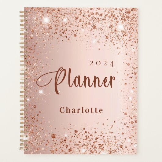 Blush roos goud glitter stof monogram 2023 planner (Voorkant)