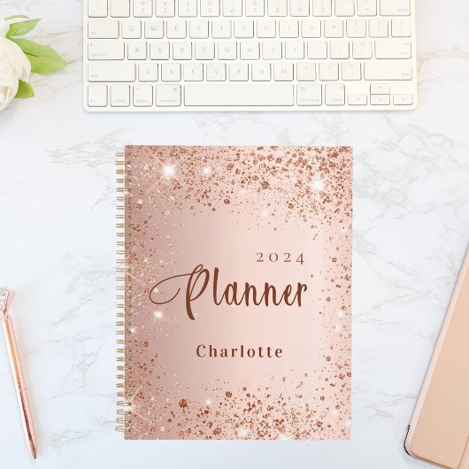Blush roos goud glitter stof monogram 2023 planner
