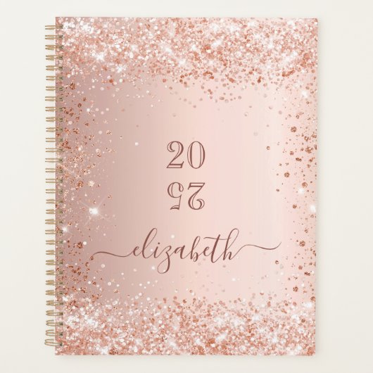 Blush roos goud glitter stof monogram naam 2026 planner (Voorkant)