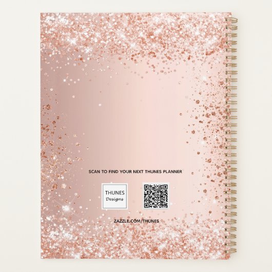 Blush roos goud glitter stof monogram naam 2026 planner (Achterkant)