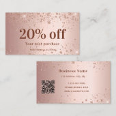 Blush roos goud glitter stof qr code business kortingskaartje (Voorkant / Achterkant)