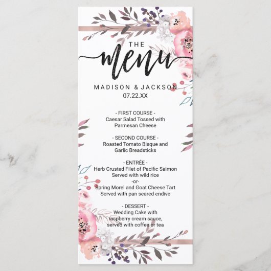 Blush & Roos Goud ingelijst Bloemen Bruiloft Menu (Voorkant)