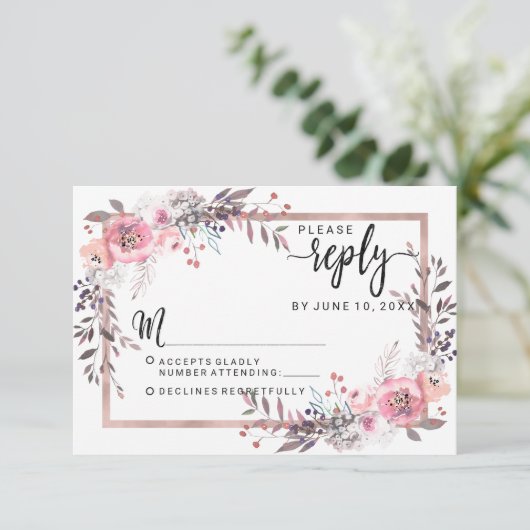 Blush & Roos Goud Ingelijste Bloemen Bruiloft Antw RSVP Kaartje (Staand voorkant)