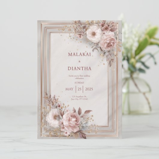Blush Roos & Goud Lijst bruiloft Kaart (Staand voorkant)