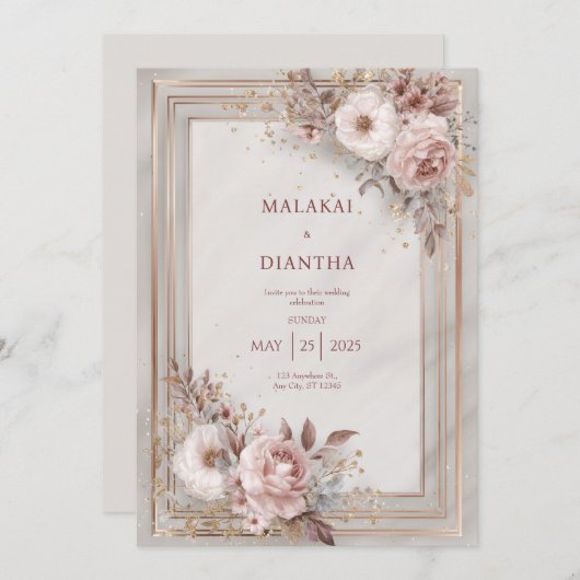 Blush Roos & Goud Lijst bruiloft Kaart (Voorkant / Achterkant)