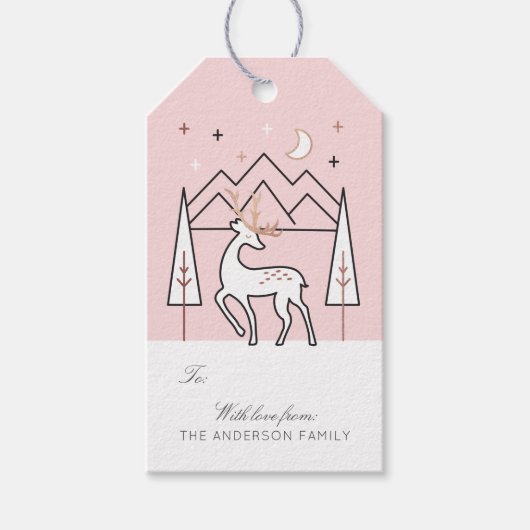 Blush Roos Goud Modern Elegant Rendier 's nachts Cadeaulabel (Voorkant)