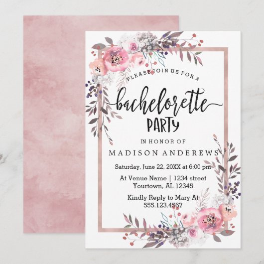Blush & Roos Gouden Bachelorette Feestuitnodiging Kaart (Voorkant / Achterkant)