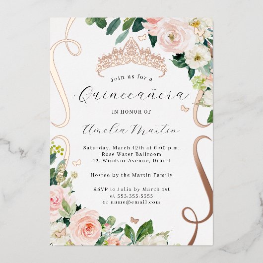 Blush Roos Gouden Bloem Scroll Quinceanera Folie Uitnodiging (Voorkant)