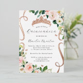 Blush Roos Gouden Bloem Scroll Quinceanera Folie Uitnodiging (Staand Voorkant)