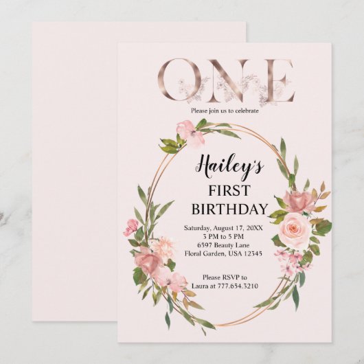 Blush & Roos Gouden Bloemen Eerste Verjaardag Kaart (Voorkant / Achterkant)