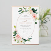 Blush Roos Gouden Bloemen Lijst Wedding Folie Uitnodiging (Staand Voorkant)
