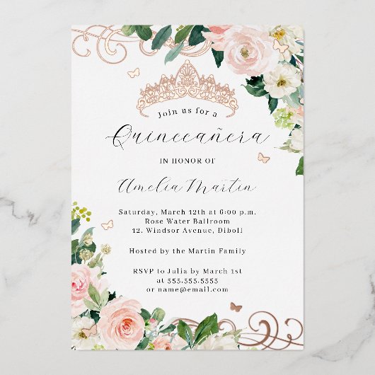 Blush Roos Gouden Bloemen Swirl Quinceanera Folie Uitnodiging (Voorkant)