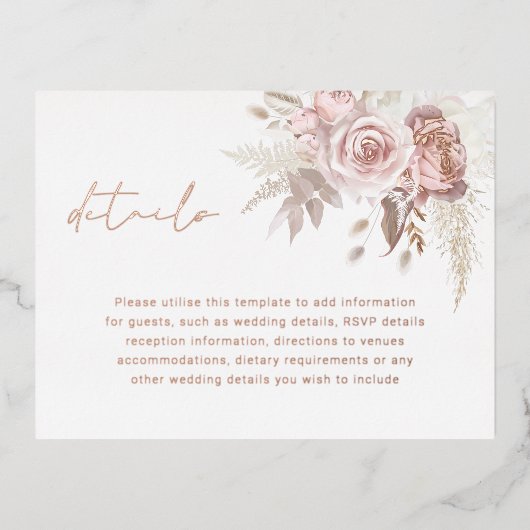 Blush & Roos Gouden Bruiloft Details Behuizing Kaa Folie Uitnodiging Briefkaart (Voorkant)