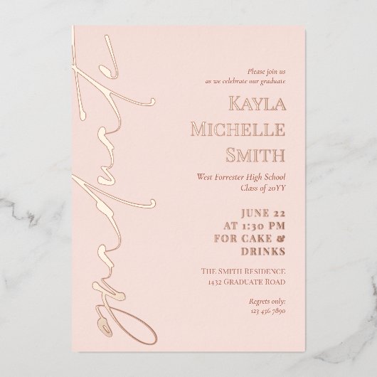 Blush Roos Gouden Kalligrafie Brass Graduation Par Folie Uitnodiging (Voorkant)