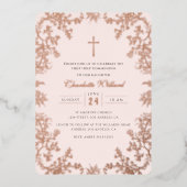 Blush Roos Gouden Kruis Eerste Communie Folie Uitnodiging (Voorkant)