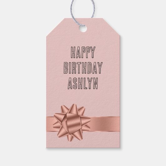 Blush Roos Gouden Ribbon Bow Verjaardag Cadeaulabel (Voorkant)
