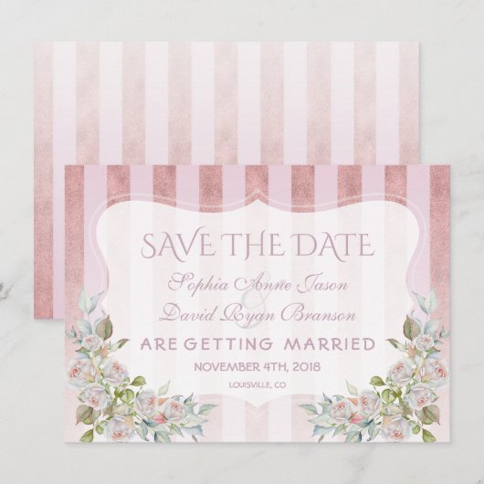 Blush Roos Gouden Strepen Wit Bloemen Bruiloft Save The Date (Voorkant / Achterkant)
