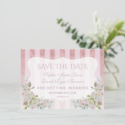 Blush Roos Gouden Strepen Wit Bloemen Bruiloft Save The Date (Staand voorkant)