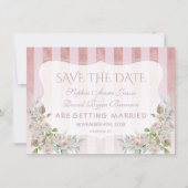 Blush Roos Gouden Strepen Wit Bloemen Bruiloft Save The Date (Voorkant)