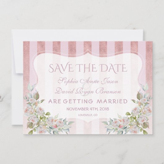 Blush Roos Gouden Strepen Wit Bloemen Bruiloft Save The Date (Voorkant)