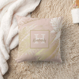 Blush roos gouden witte palmbladeren monogram kussen