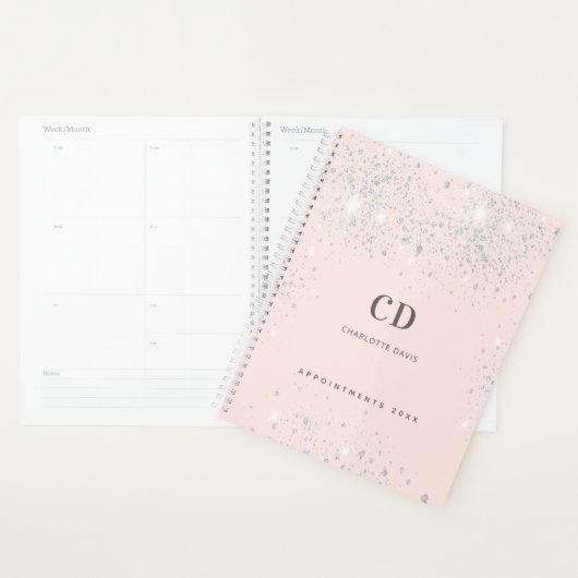 Blush roos gouden zilveren glitter schittert naam planner (Display)