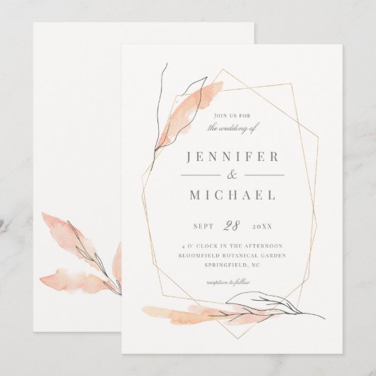 Blush Roos handgetekende Waterverf Spring Wedding Kaart (Voorkant / Achterkant)