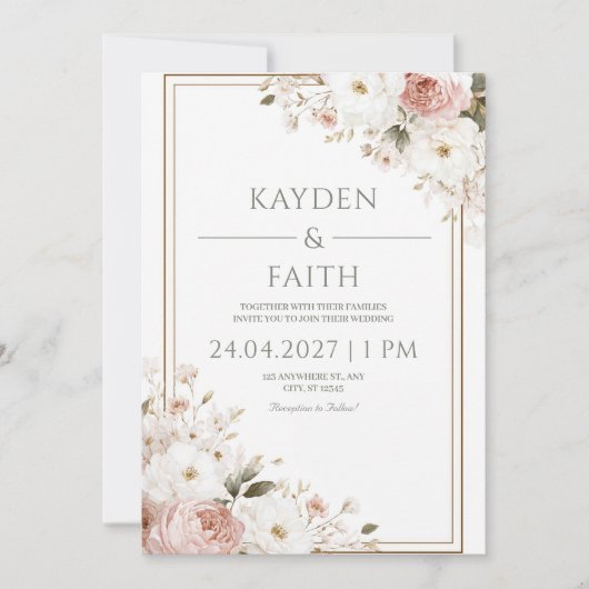 Blush Roos & Ivoor Bloemen Huwelijksuitnodiging Kaart (Voorkant)