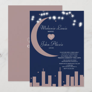 Blush Roos marine Nightime Skyline Wedding Kaart