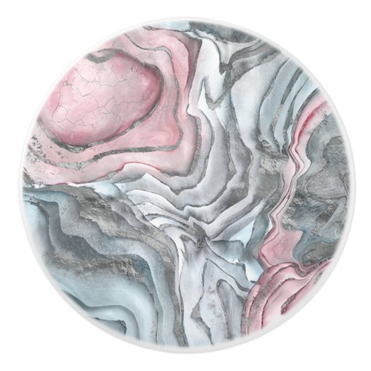 Blush roos marmer - pastelpinks en zilver keramische knop (Voorkant)