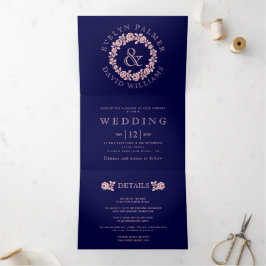  blush roos met blauwe bruiloft drieluik uitnodiging