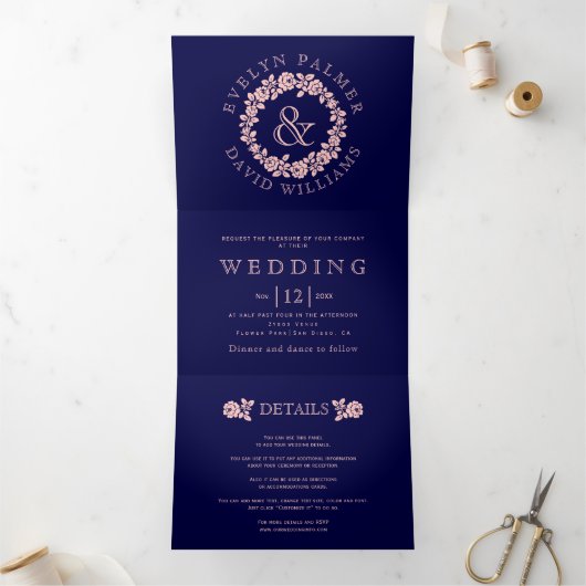  blush roos met blauwe bruiloft drieluik uitnodiging (Binnen)