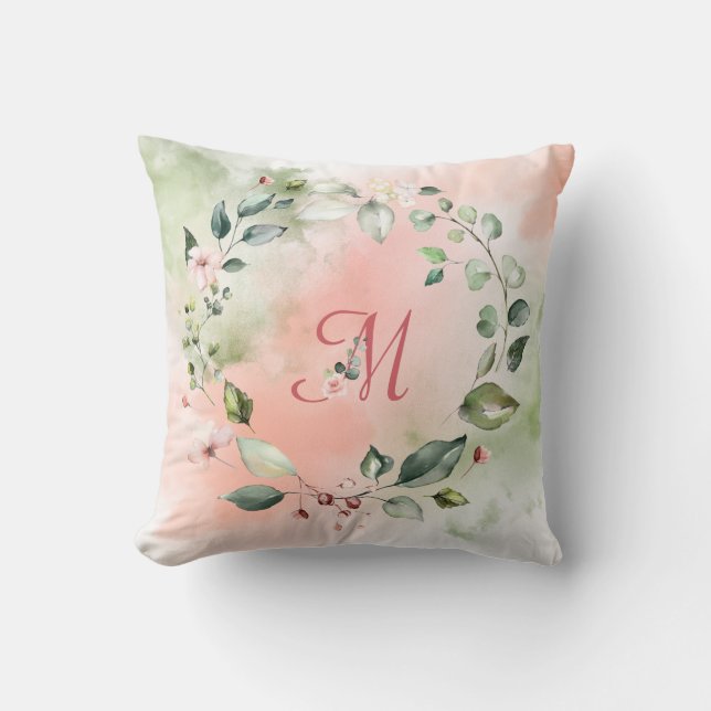 Blush Roos Monogram Waterverf Kussen (Voorkant)