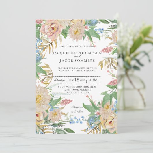 Blush Roos Mums Gold Foliage Floral Waterverf Art Kaart (Staand voorkant)