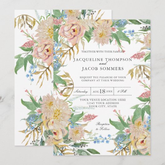 Blush Roos Mums Gold Foliage Floral Waterverf Art Kaart (Voorkant / Achterkant)