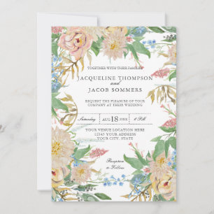 Blush Roos Mums Gold Foliage Floral Waterverf Art Kaart