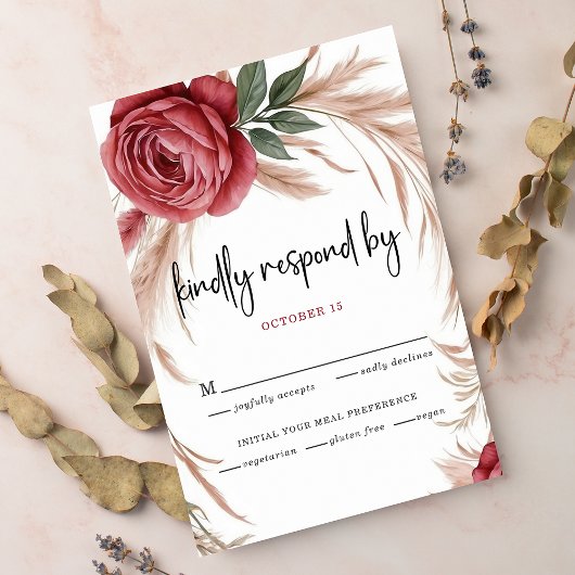 Blush Roos Pampas Floral Wedding RSVP Kaartje
