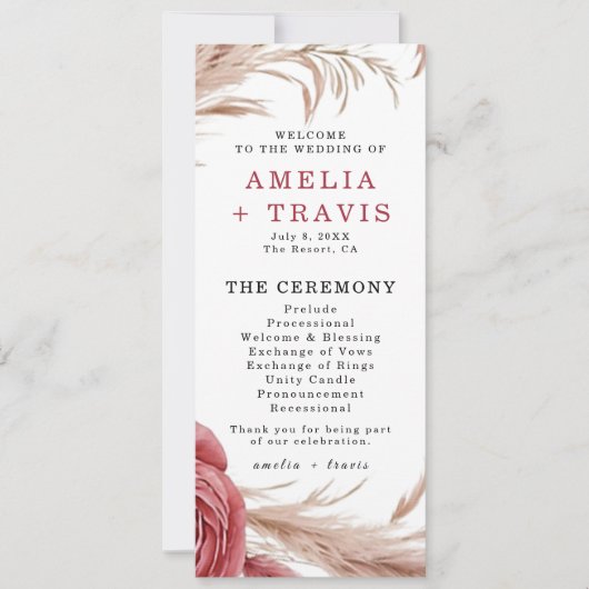 Blush Roos Pampas Grass Wedding Ceremony Programma (Voorkant)