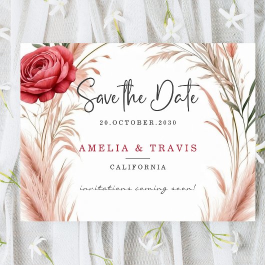 Blush Roos Pampas Grass Wedding Save the Date Kaar