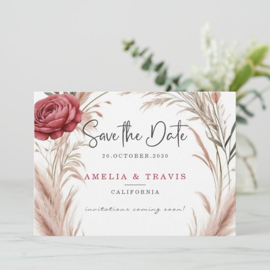 Blush Roos Pampas Grass Wedding Save the Date Kaar (Staand voorkant)