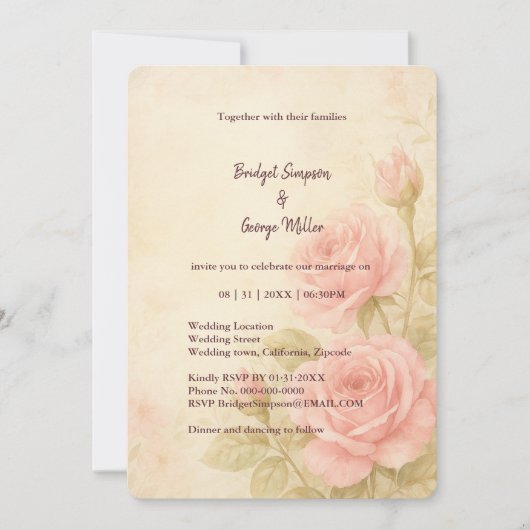 Blush Roos Romantische Bloemen Vintage bruiloft Kaart (Voorkant)