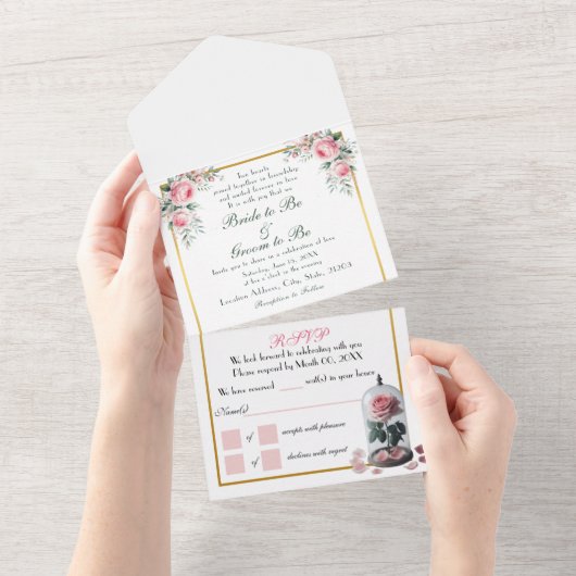 Blush roos, roze all in one uitnodiging (Afscheurbaar)