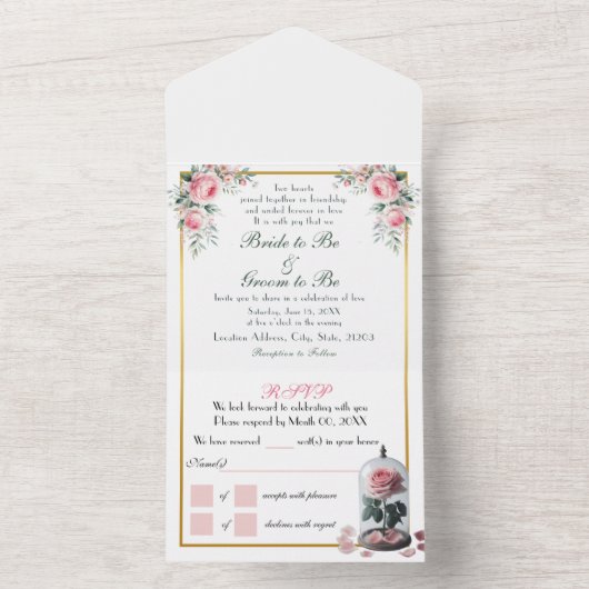 Blush roos, roze all in one uitnodiging (Binnen)