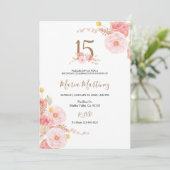 Blush Roos roze bloemen 15th Birthday Invitation Kaart (Staand voorkant)