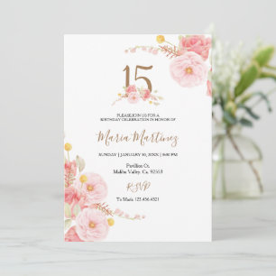 Blush Roos roze bloemen 15th Birthday Invitation Kaart
