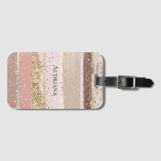 Blush Roos Roze Chocolade Gouden Glitter Stripes Bagagelabel (Voorkant (horizontaal))