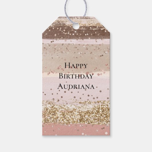 Blush Roos Roze Chocolade Gouden Glitter Verjaarda Cadeaulabel (Voorkant)