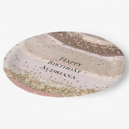 Blush Roos Roze Chocolade Gouden Glitter Verjaarda Papieren Bordje (Gekanteld)