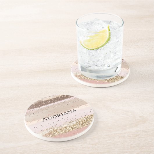 Blush Roos Roze Chocolade Gouden Glitter Verjaarda Zandsteen Onderzetter (Zijkant)