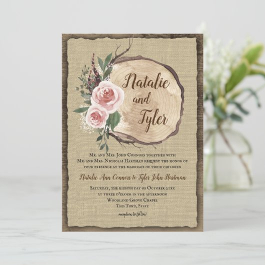 Blush Roos Tree Slice Boho Chic Wedding Kaart (Staand voorkant)